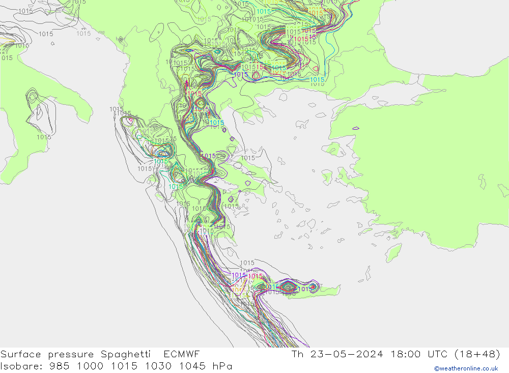 Surface pressure Spaghetti ECMWF Th 23.05.2024 18 UTC