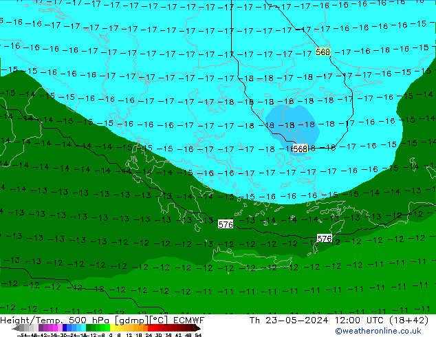 Height/Temp. 500 hPa ECMWF Qui 23.05.2024 12 UTC