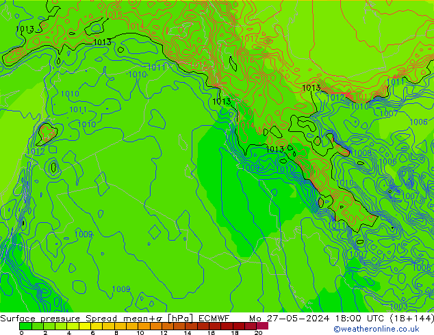 Surface pressure Spread ECMWF Mo 27.05.2024 18 UTC