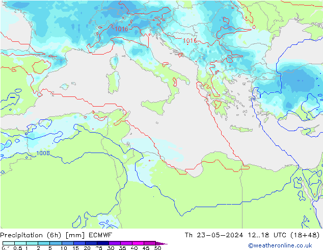 Totale neerslag (6h) ECMWF do 23.05.2024 18 UTC