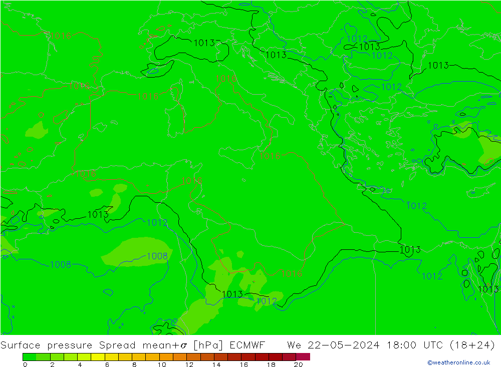 Pressione al suolo Spread ECMWF mer 22.05.2024 18 UTC