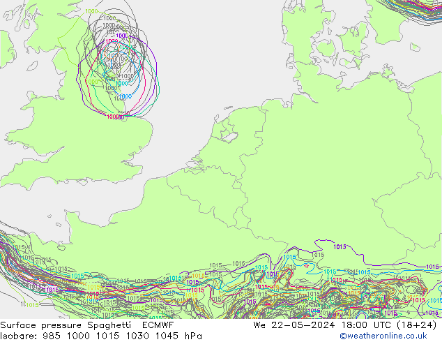 地面气压 Spaghetti ECMWF 星期三 22.05.2024 18 UTC