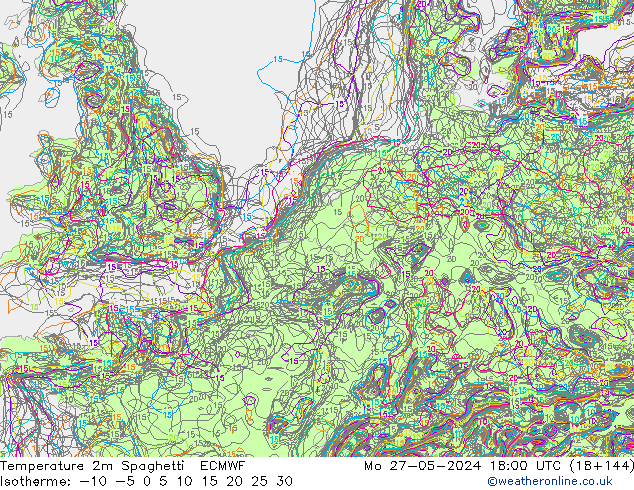 карта температуры Spaghetti ECMWF пн 27.05.2024 18 UTC