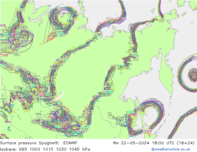 Surface pressure Spaghetti ECMWF We 22.05.2024 18 UTC
