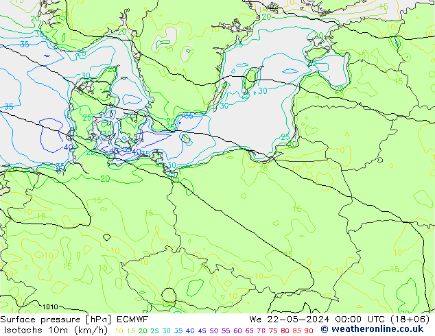 Eşrüzgar Hızları (km/sa) ECMWF Çar 22.05.2024 00 UTC