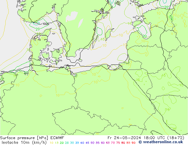 Isotachs (kph) ECMWF Fr 24.05.2024 18 UTC