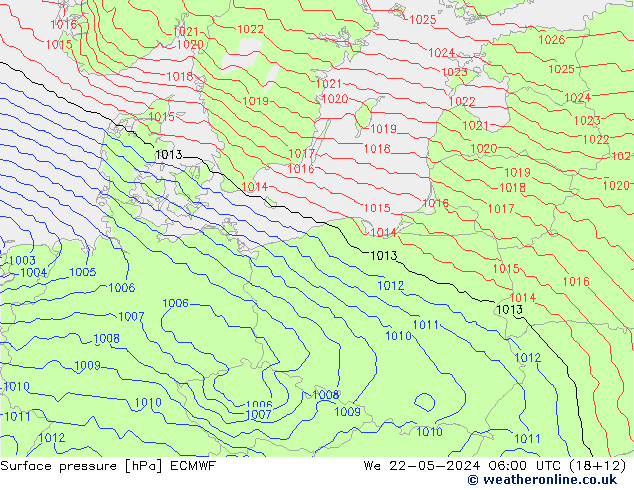 pressão do solo ECMWF Qua 22.05.2024 06 UTC