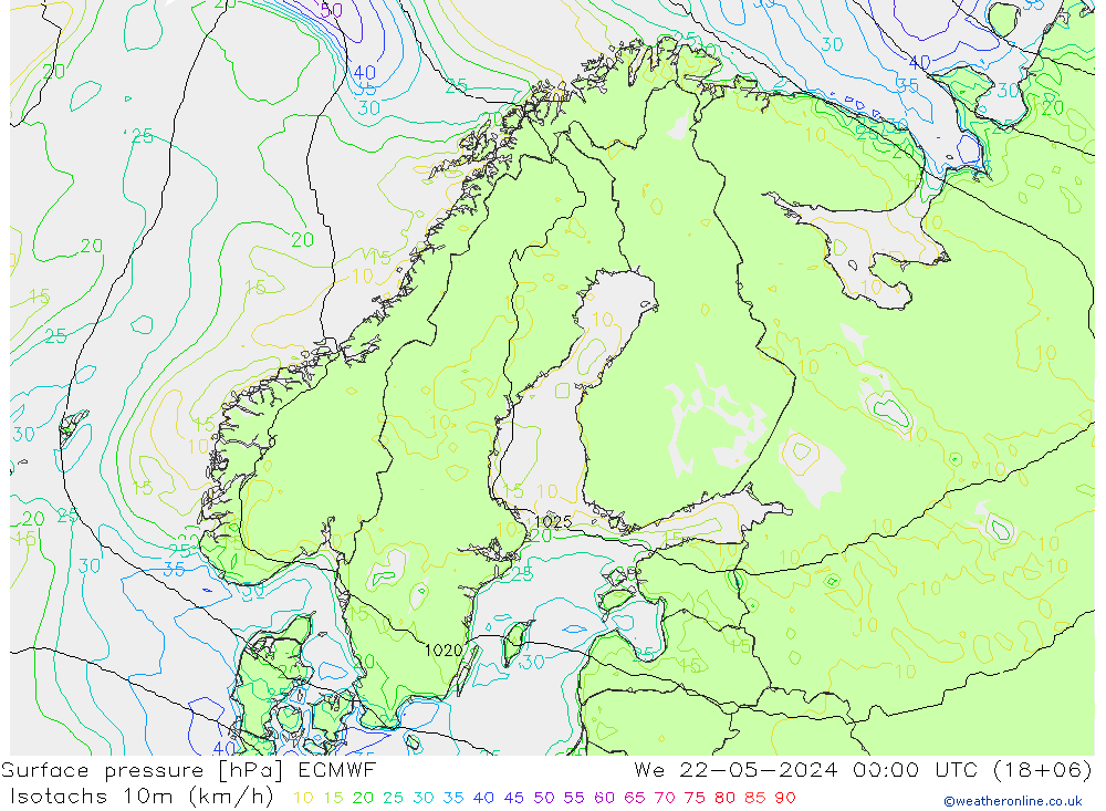 Isotaca (kph) ECMWF mié 22.05.2024 00 UTC