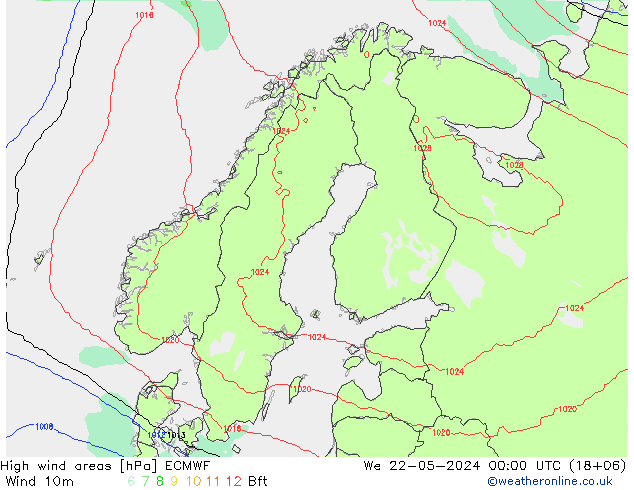 High wind areas ECMWF 星期三 22.05.2024 00 UTC