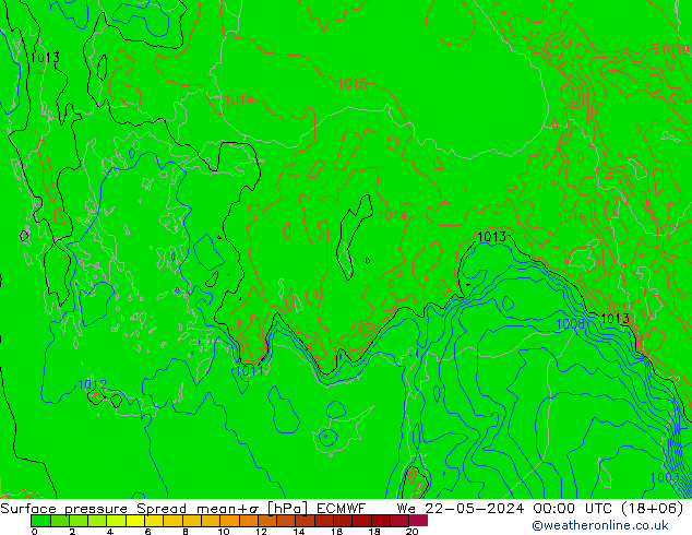 Surface pressure Spread ECMWF We 22.05.2024 00 UTC