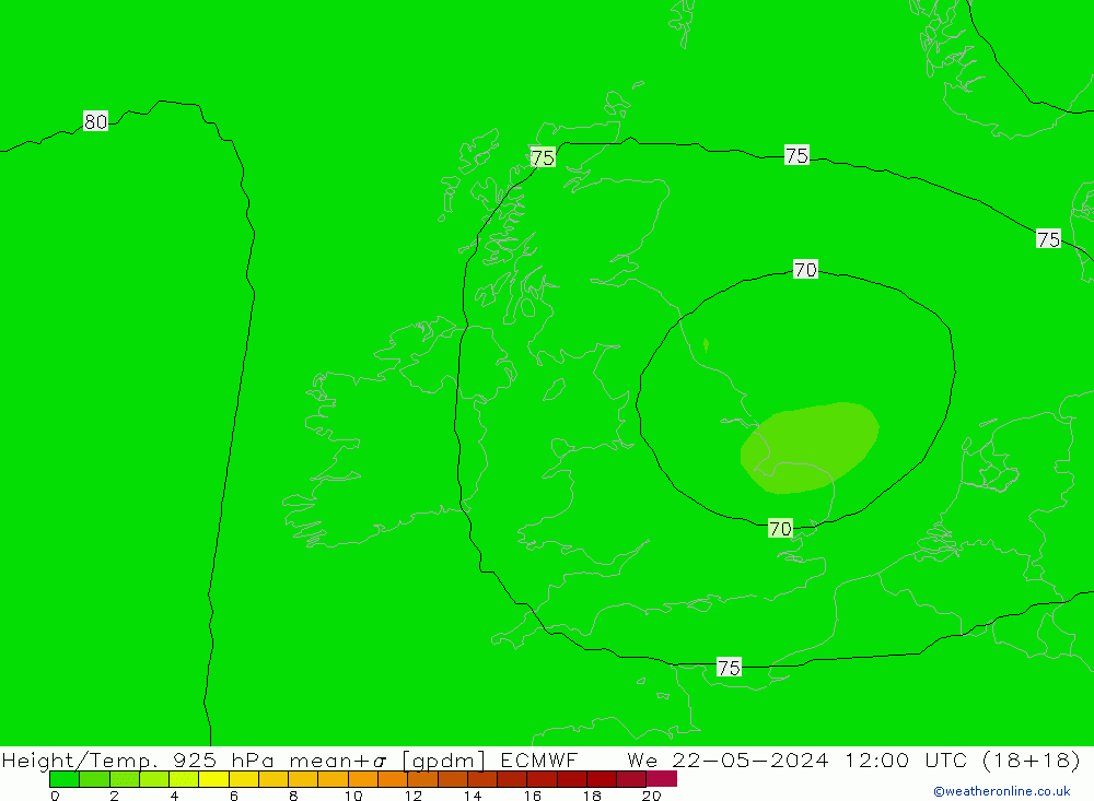 Height/Temp. 925 hPa ECMWF śro. 22.05.2024 12 UTC