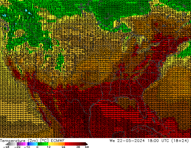mapa temperatury (2m) ECMWF śro. 22.05.2024 18 UTC