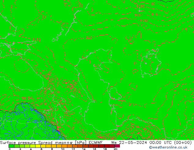 Surface pressure Spread ECMWF We 22.05.2024 00 UTC