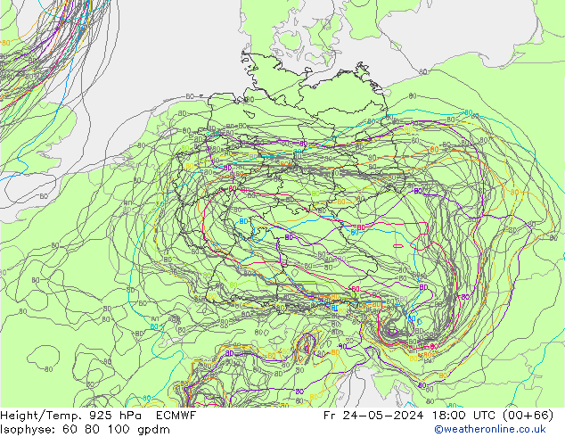 Height/Temp. 925 hPa ECMWF Fr 24.05.2024 18 UTC