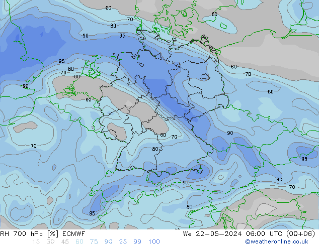 Humedad rel. 700hPa ECMWF mié 22.05.2024 06 UTC