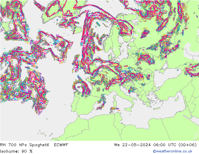Humedad rel. 700hPa Spaghetti ECMWF mié 22.05.2024 06 UTC
