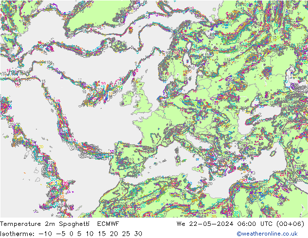 Temperatura 2m Spaghetti ECMWF mié 22.05.2024 06 UTC