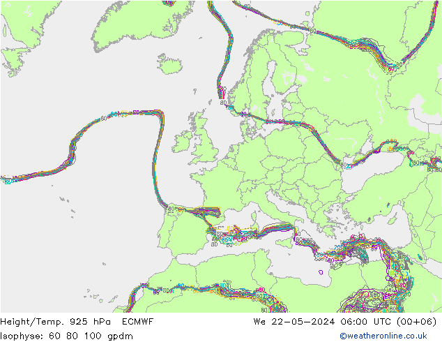 Height/Temp. 925 hPa ECMWF śro. 22.05.2024 06 UTC