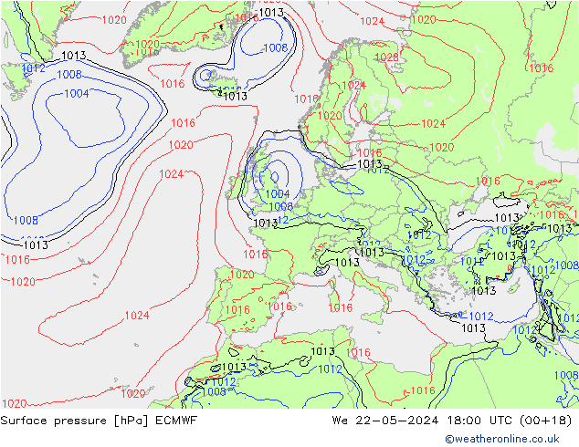 Surface pressure ECMWF We 22.05.2024 18 UTC