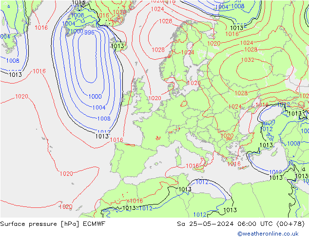 Bodendruck ECMWF Sa 25.05.2024 06 UTC