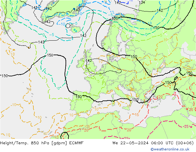 Height/Temp. 850 гПа ECMWF ср 22.05.2024 06 UTC