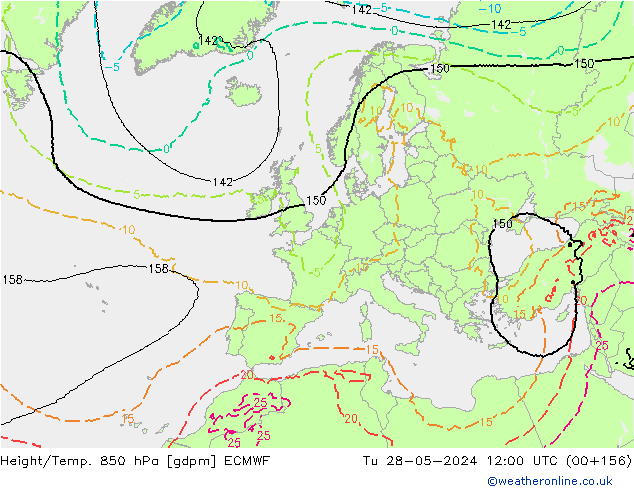 Hoogte/Temp. 850 hPa ECMWF di 28.05.2024 12 UTC