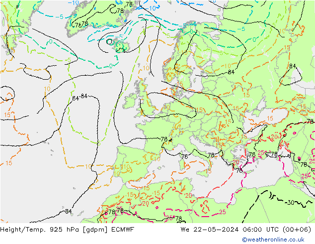 Height/Temp. 925 hPa ECMWF mer 22.05.2024 06 UTC