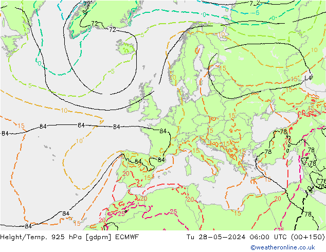 Geop./Temp. 925 hPa ECMWF mar 28.05.2024 06 UTC