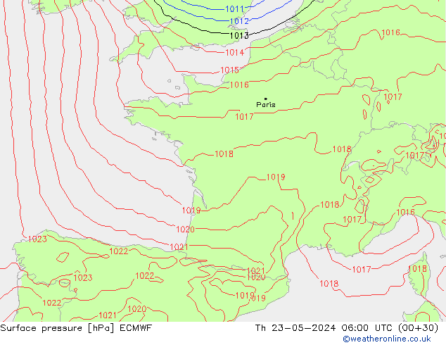 Presión superficial ECMWF jue 23.05.2024 06 UTC