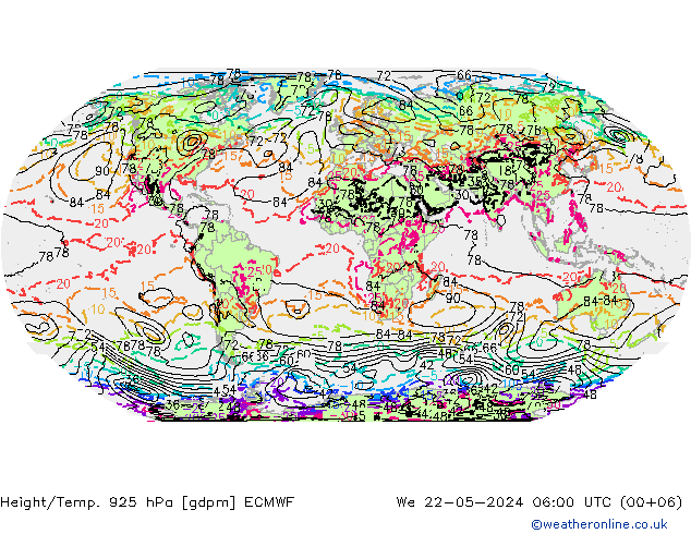 Height/Temp. 925 hPa ECMWF Mi 22.05.2024 06 UTC