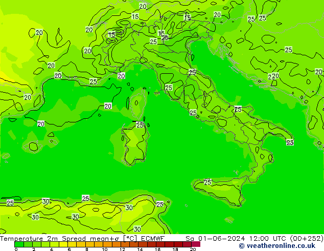 température 2m Spread ECMWF sam 01.06.2024 12 UTC