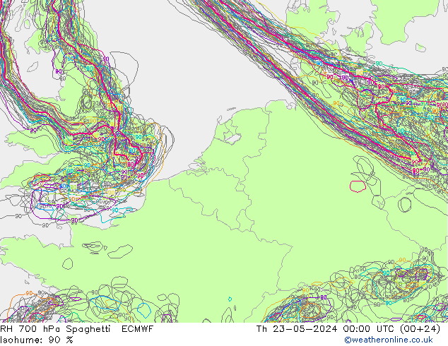 RH 700 hPa Spaghetti ECMWF 星期四 23.05.2024 00 UTC