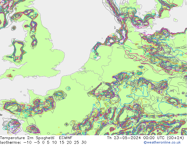 温度图 Spaghetti ECMWF 星期四 23.05.2024 00 UTC