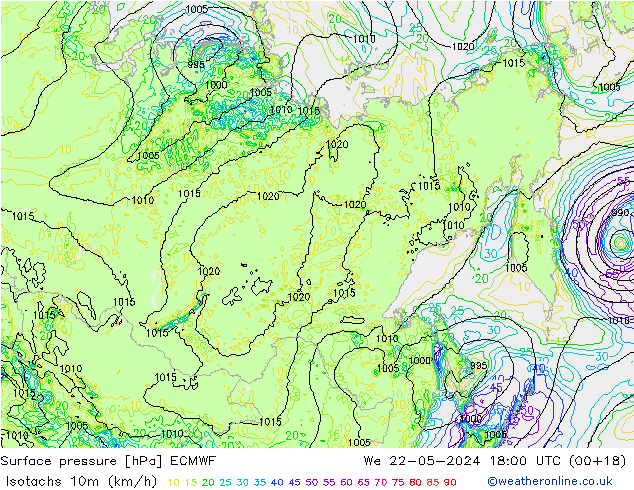 Eşrüzgar Hızları (km/sa) ECMWF Çar 22.05.2024 18 UTC