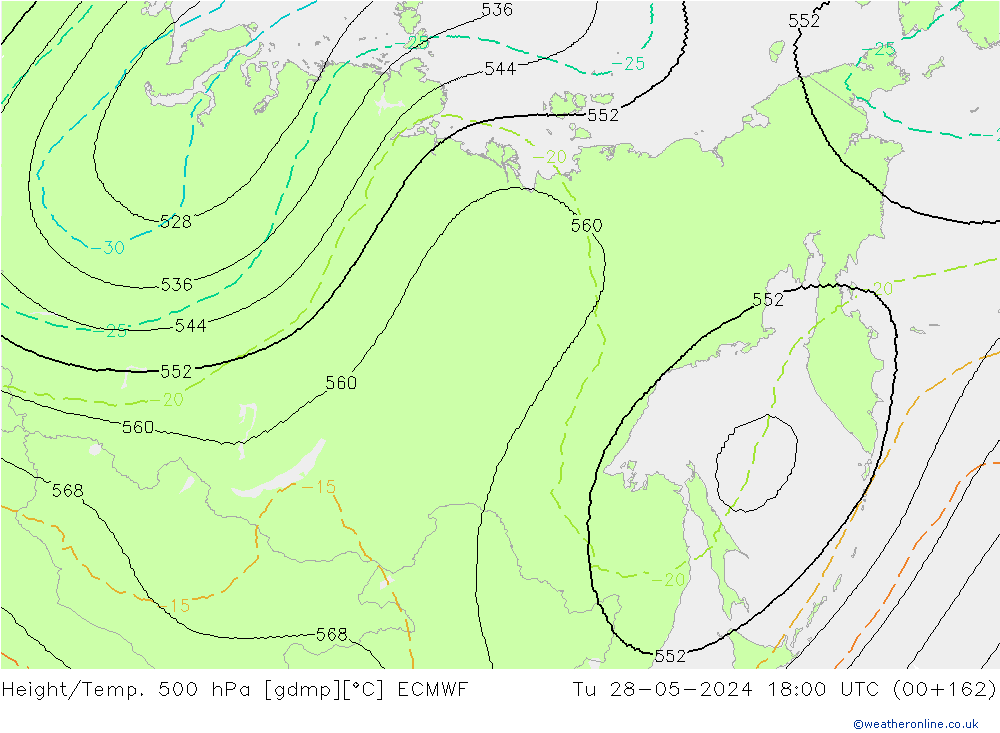 Hoogte/Temp. 500 hPa ECMWF di 28.05.2024 18 UTC