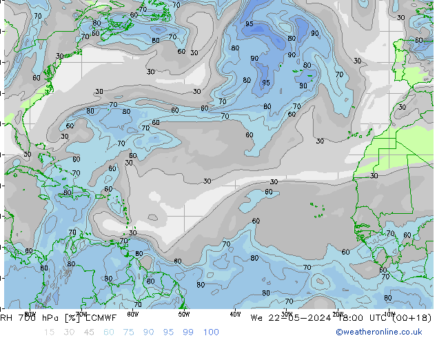 RH 700 hPa ECMWF śro. 22.05.2024 18 UTC