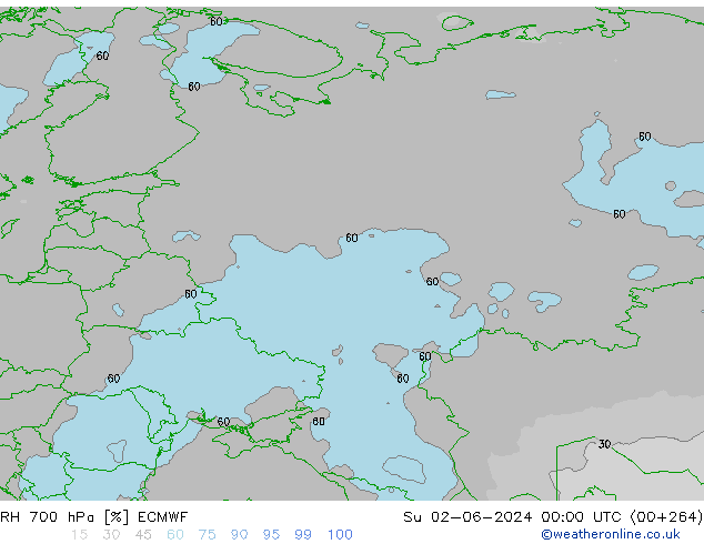 Humedad rel. 700hPa ECMWF dom 02.06.2024 00 UTC