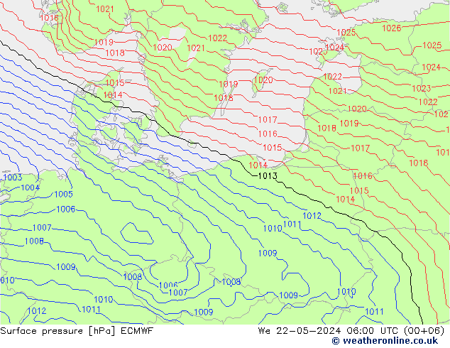 Luchtdruk (Grond) ECMWF wo 22.05.2024 06 UTC