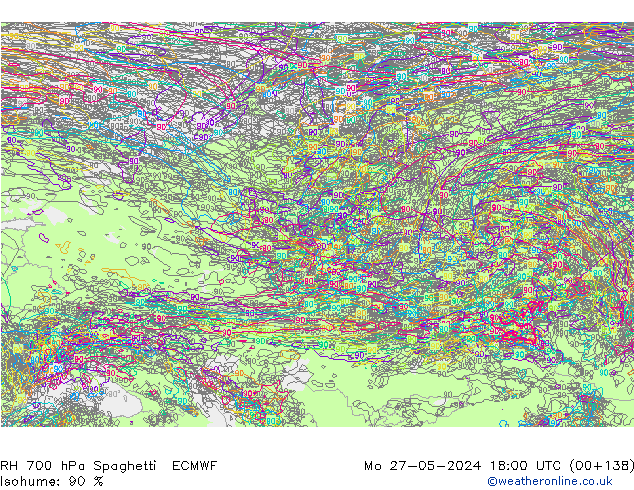 RH 700 hPa Spaghetti ECMWF Po 27.05.2024 18 UTC
