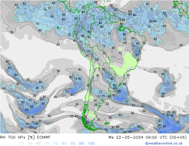 Humidité rel. 700 hPa ECMWF mer 22.05.2024 06 UTC