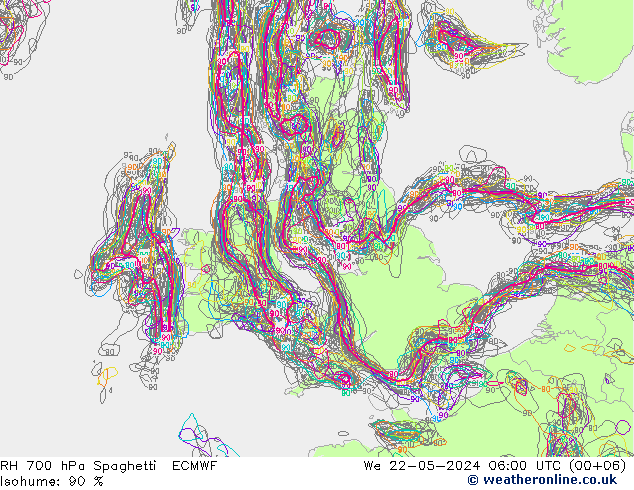 RH 700 hPa Spaghetti ECMWF Qua 22.05.2024 06 UTC