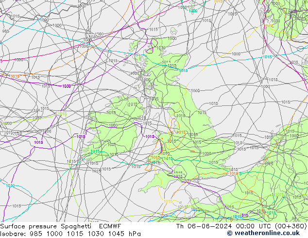 Atmosférický tlak Spaghetti ECMWF Čt 06.06.2024 00 UTC