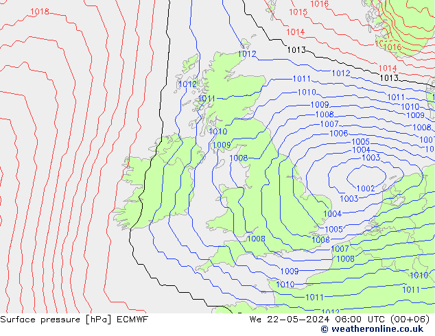 Presión superficial ECMWF mié 22.05.2024 06 UTC