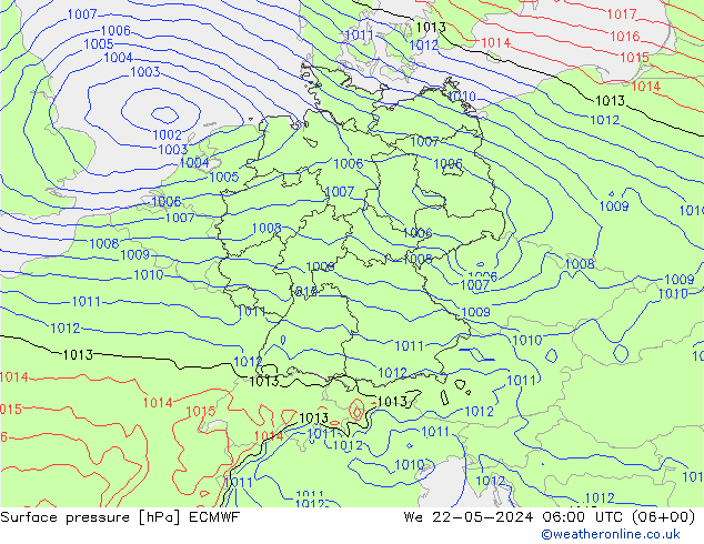 Presión superficial ECMWF mié 22.05.2024 06 UTC