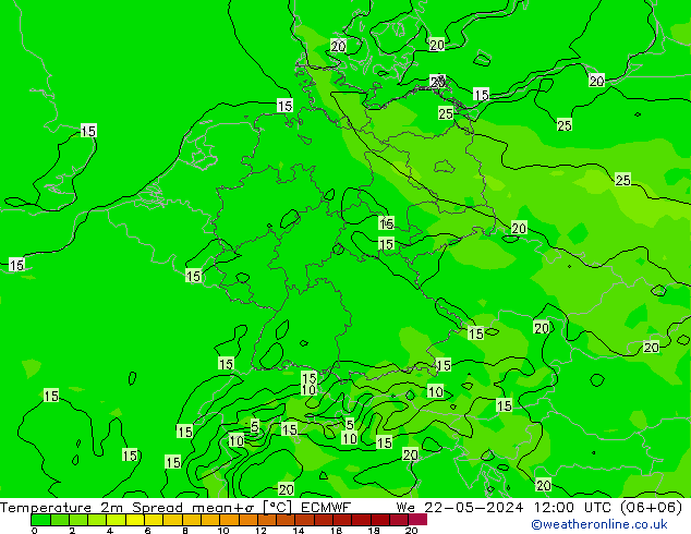 Temperaturkarte Spread ECMWF Mi 22.05.2024 12 UTC