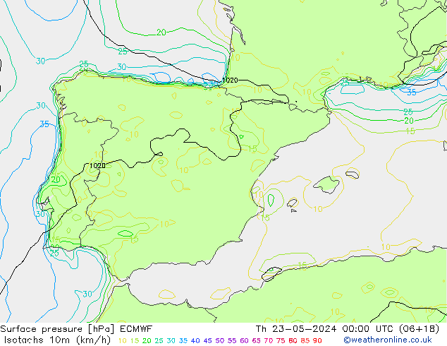 Isotachs (kph) ECMWF Qui 23.05.2024 00 UTC