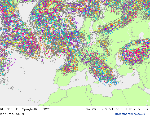 RH 700 hPa Spaghetti ECMWF So 26.05.2024 06 UTC