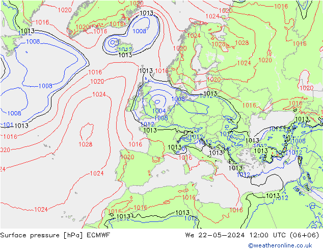 Presión superficial ECMWF mié 22.05.2024 12 UTC