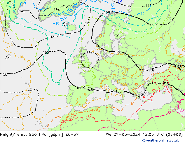 Géop./Temp. 850 hPa ECMWF mer 22.05.2024 12 UTC