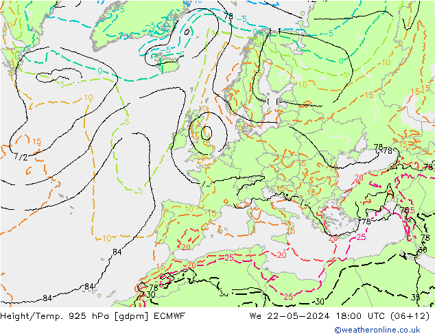 Height/Temp. 925 hPa ECMWF Mi 22.05.2024 18 UTC